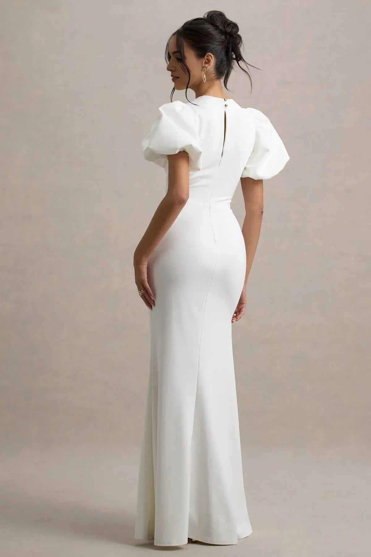 White Mermaid - Style Prom Dress with Puff Sleeves and High Neckline for Timeless Glamour