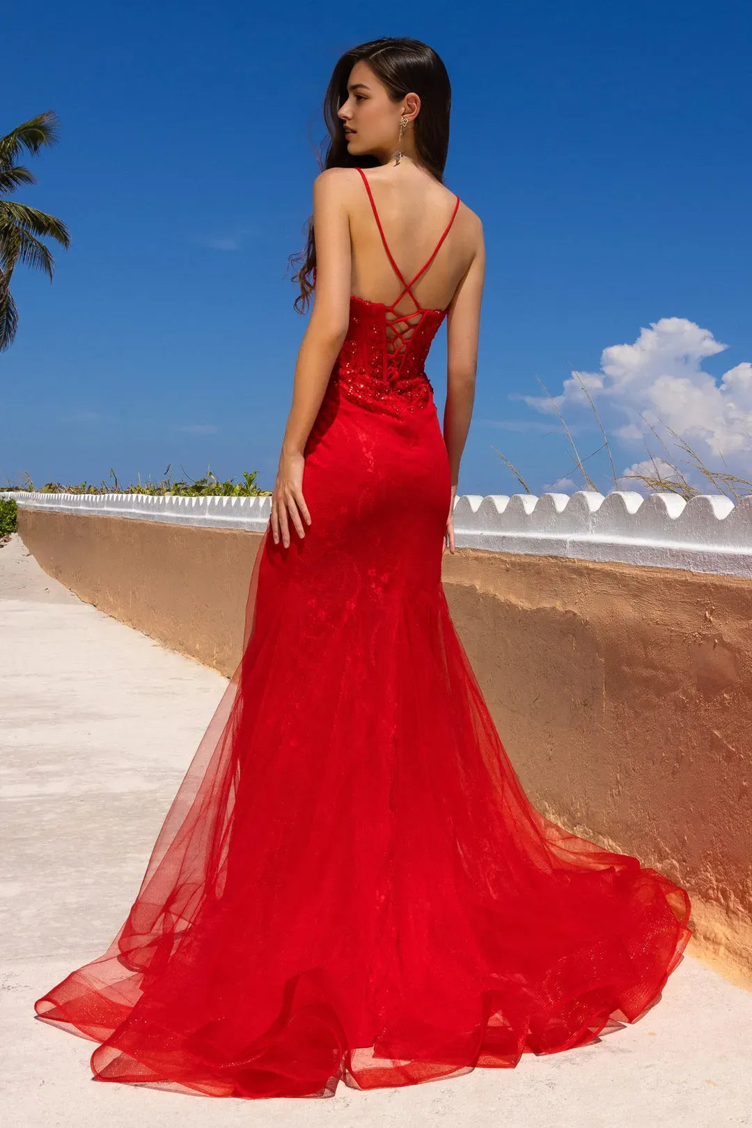 White Mermaid Prom Dress with Spaghetti Straps Floral Bodice Sheer Overlay and High Side Slit for Formal Occasions