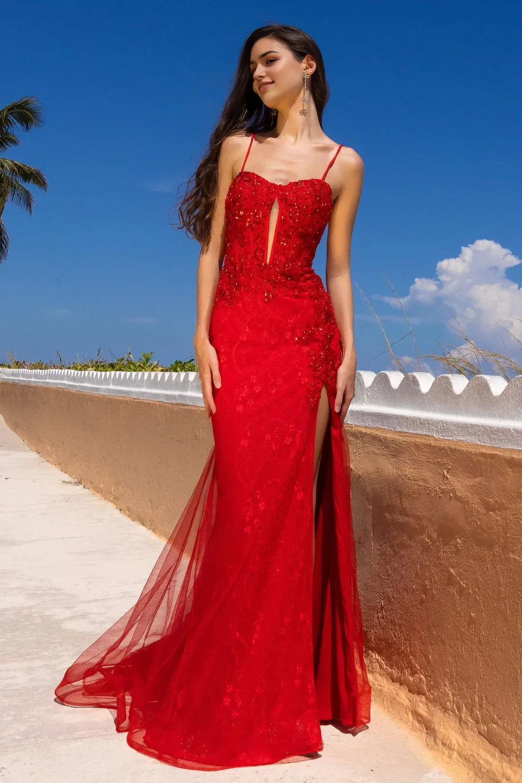 White Mermaid Prom Dress with Spaghetti Straps Floral Bodice Sheer Overlay and High Side Slit for Formal Occasions