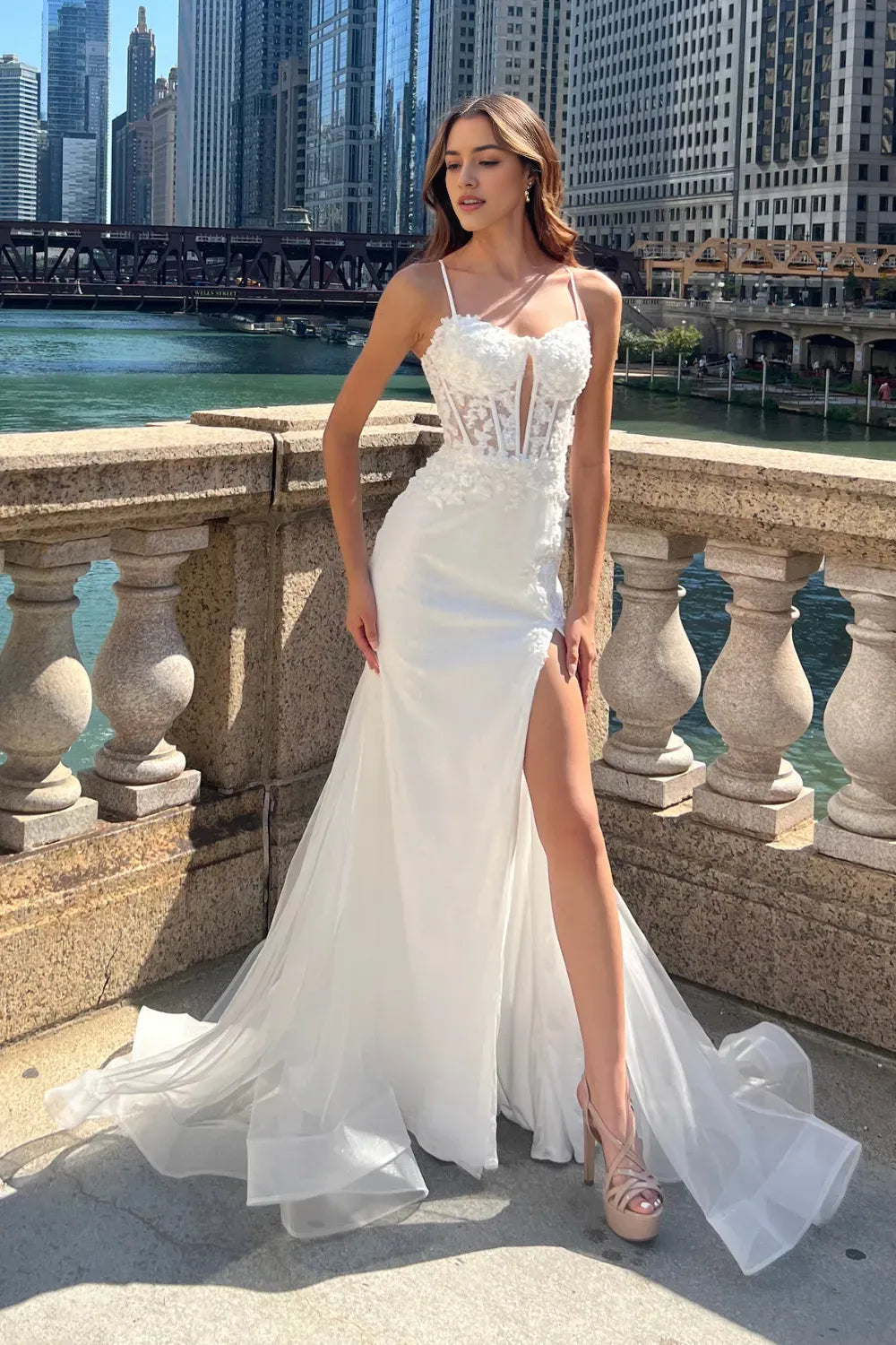 White Mermaid Prom Dress with Spaghetti Straps Floral Bodice Sheer Overlay and High Side Slit for Formal Occasions