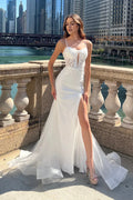 White Mermaid Prom Dress with Spaghetti Straps Floral Bodice Sheer Overlay and High Side Slit for Formal Occasions