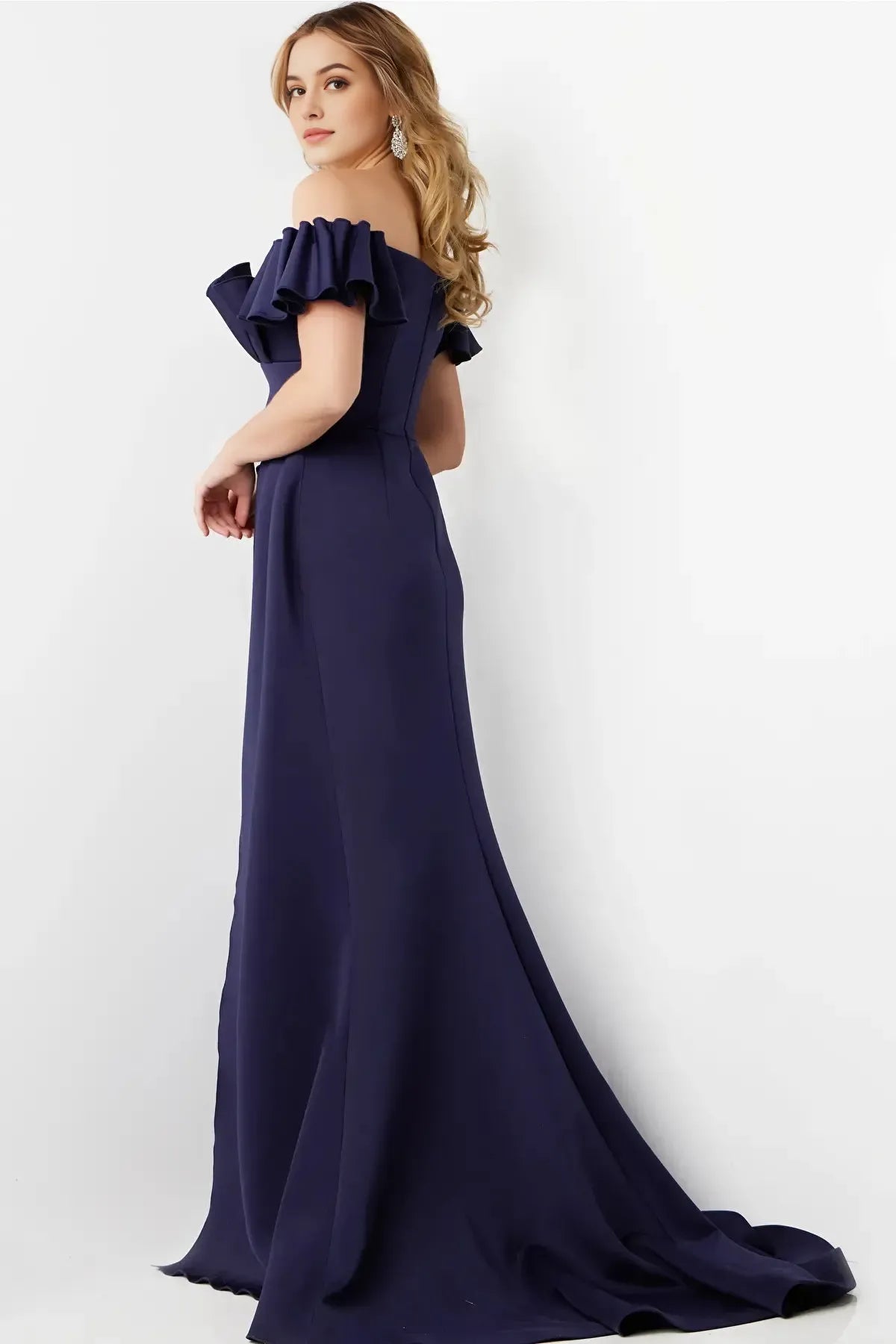White Off - Shoulder Evening Dress with Ruffled Neckline and High Slit