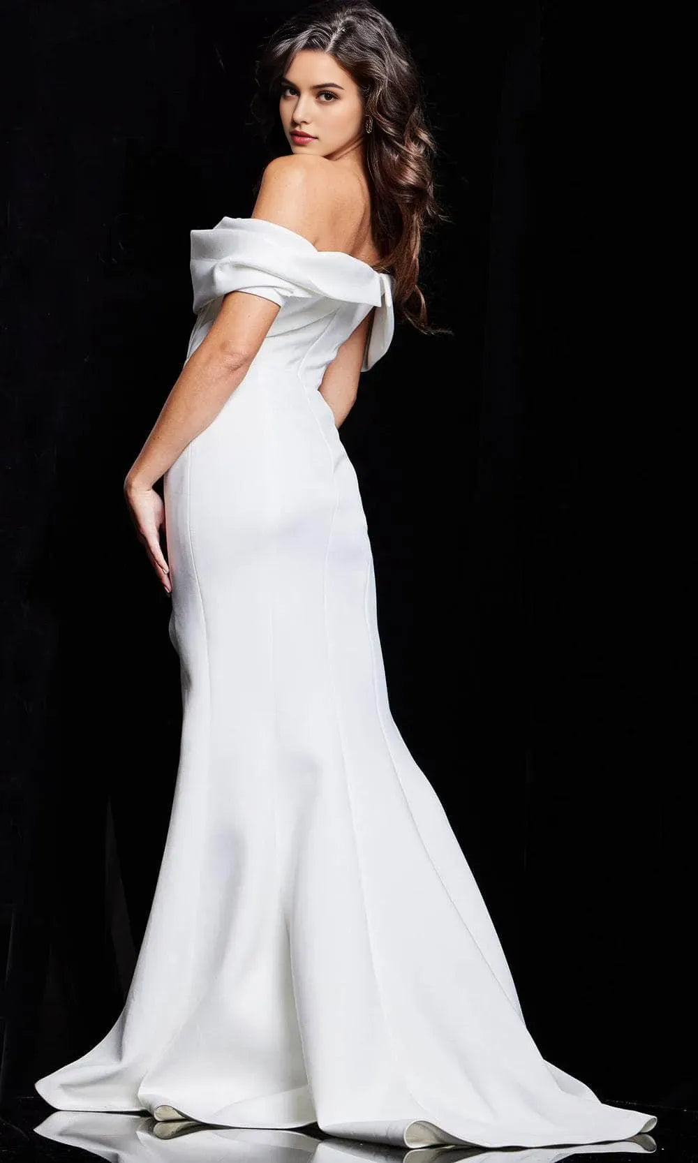 White Off Shoulder Evening Dress with Pleated Bodice Draped Neckline and High Side Slit for Formal Occasions