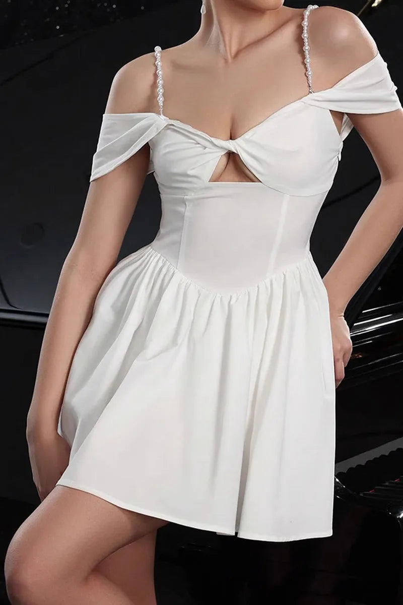 White Pearl - Strap Off - Shoulder Homecoming Dress with Cut - Out Detail