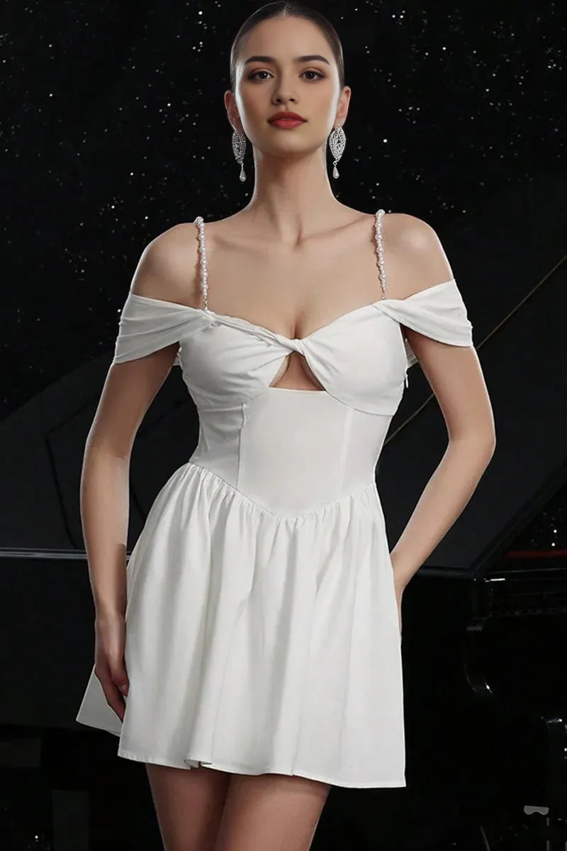 White Pearl - Strap Off - Shoulder Homecoming Dress with Cut - Out Detail