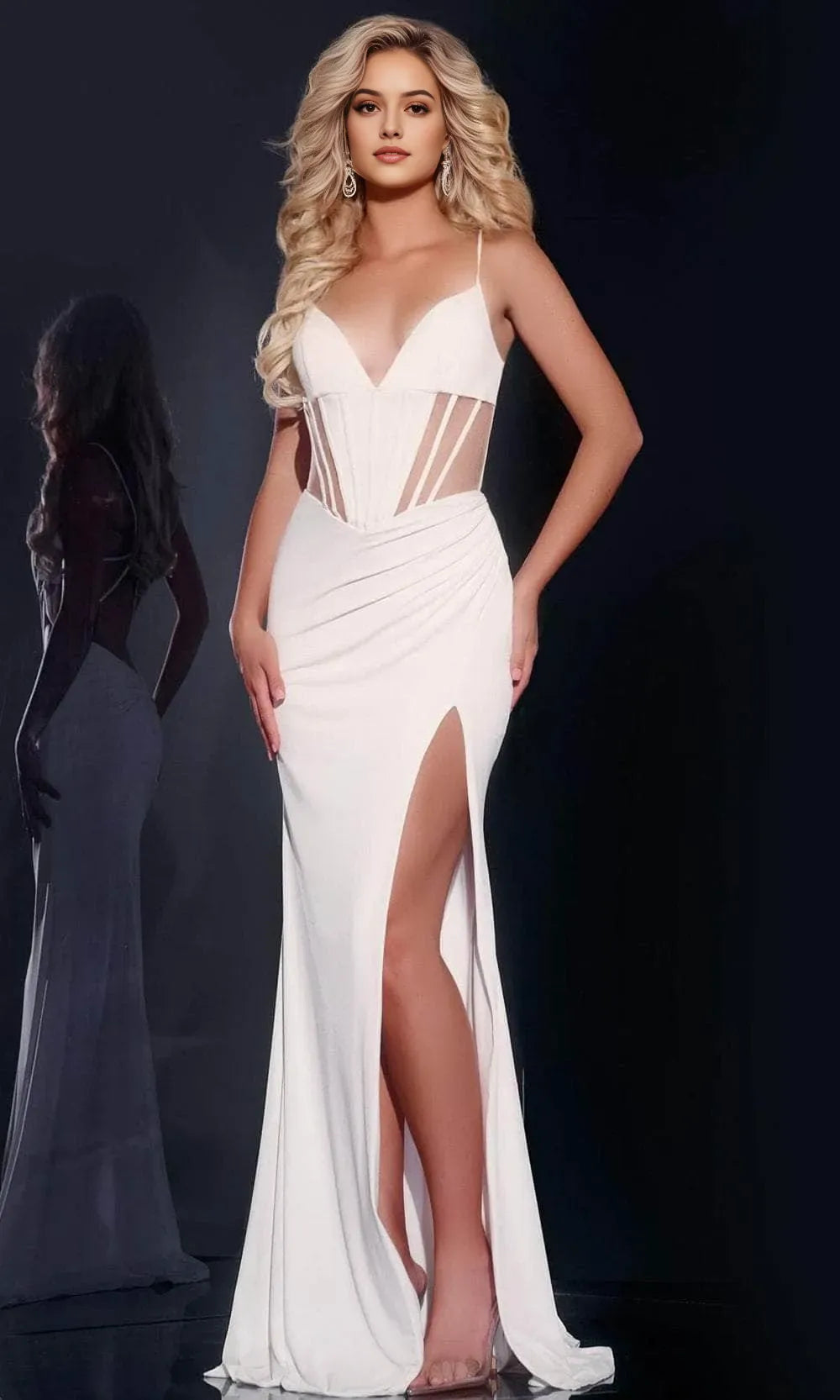 White Prom Dresses with Sheer Corset Bodice Draped Skirt and High Side Slit Crafted from Luxe Fabric for Formal Occasions