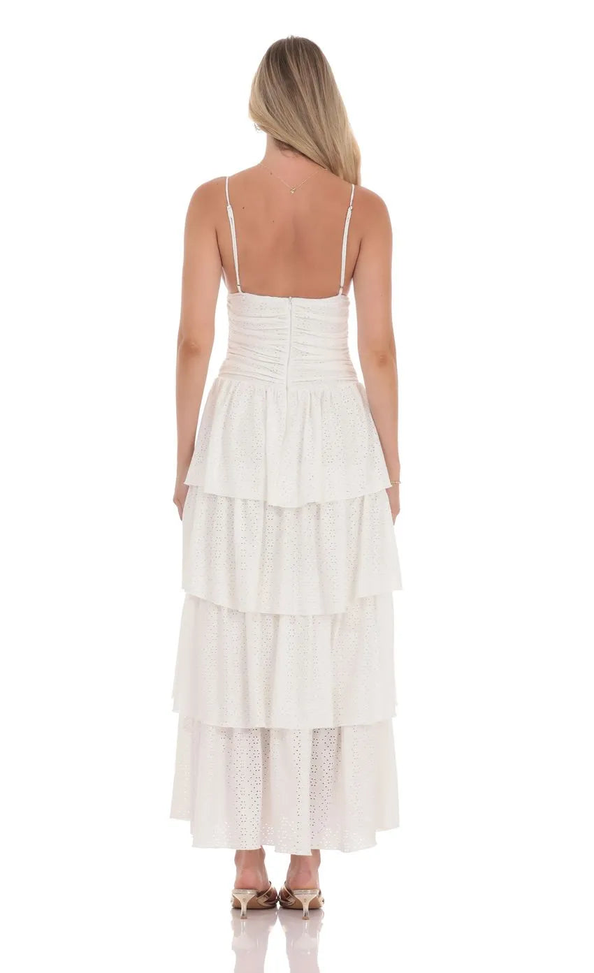 White Prom Dress with Spaghetti Straps Plunging V Neck and Tiered Eyelet Skirt Perfect for Romantic Prom Nights