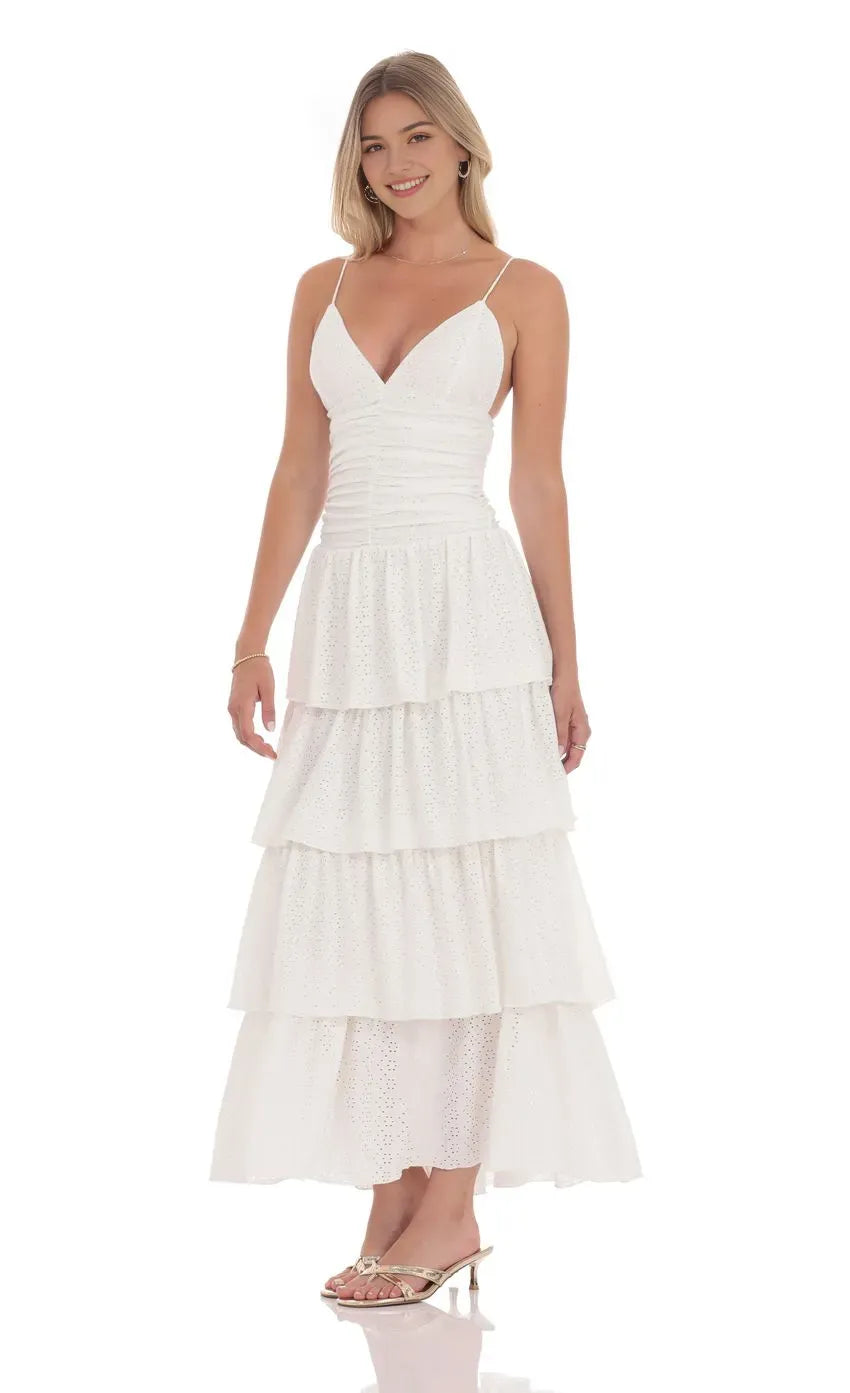 White Prom Dress with Spaghetti Straps Plunging V Neck and Tiered Eyelet Skirt Perfect for Romantic Prom Nights