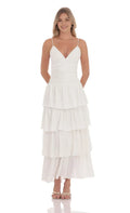 White Prom Dress with Spaghetti Straps Plunging V Neck and Tiered Eyelet Skirt Perfect for Romantic Prom Nights