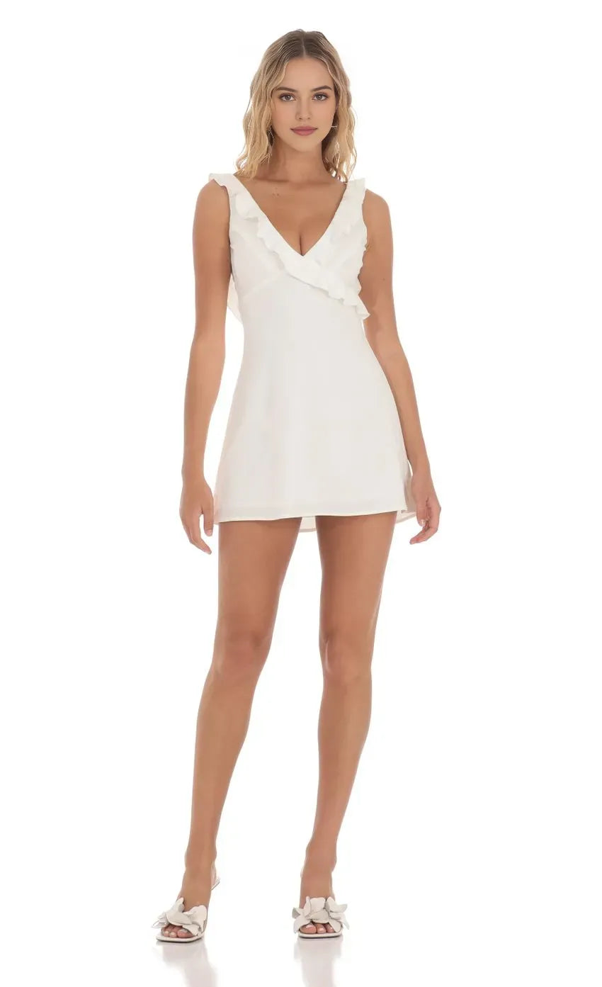 White Ruffled V - Neck Homecoming Dress Sleeveless Flowy Mini Skirt for a Fresh Feminine School Dance Look