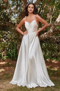 White Cowl Neck Prom Gown with Spaghetti Straps and Flowy Skirt for Formal Occasions