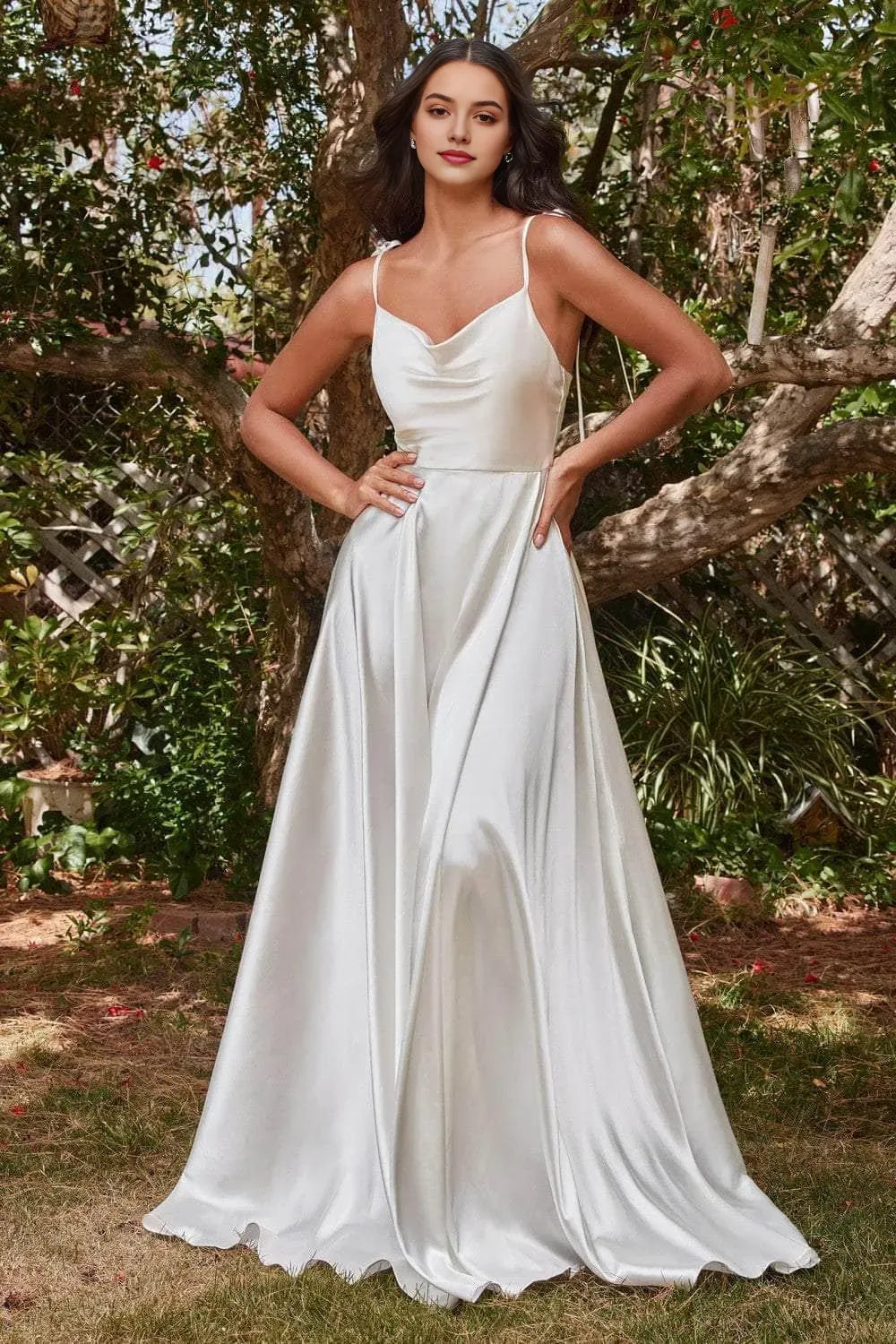 White Cowl Neck Prom Gown with Spaghetti Straps and Flowy Skirt for Formal Occasions