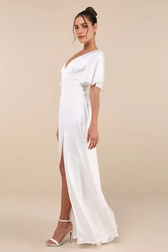 White Evening Dresses with Plunging V - Neck Flutter Sleeves and High Side Slit Perfect for Sophisticated Formal Galas