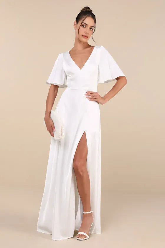 White Evening Dresses with Plunging V - Neck Flutter Sleeves and High Side Slit Perfect for Sophisticated Formal Galas