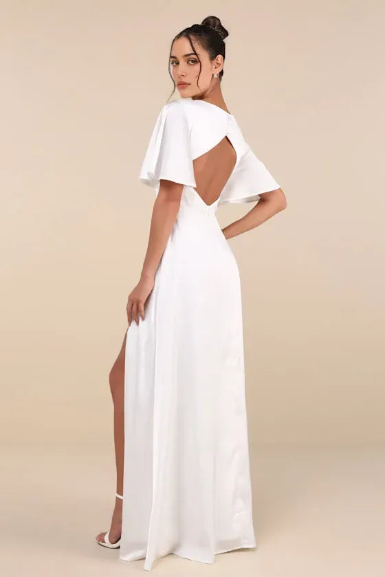 White Evening Dresses with Plunging V - Neck Flutter Sleeves and High Side Slit Perfect for Sophisticated Formal Galas