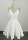 White Homecoming Dress with Spaghetti Straps Deep V Neckline and Layered Flared Skirt for Timeless Grace at School Reunions