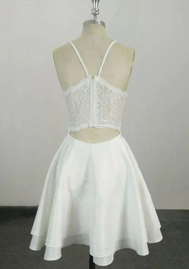 White Homecoming Dress with Spaghetti Straps Deep V Neckline and Layered Flared Skirt for Timeless Grace at School Reunions