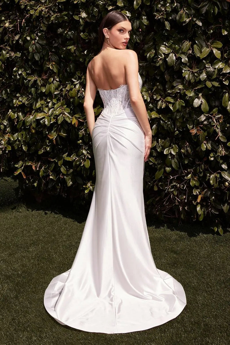 White Mermaid Prom Dress with Strapless Ruched Bodice - Insert Corset Detail and Flowing Train