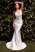 White Mermaid Prom Dress with Strapless Ruched Bodice - Insert Corset Detail and Flowing Train