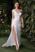 White One Shoulder Prom Dress with Corset Bodice Draped Detailing and High Side Slit for Formal Occasions