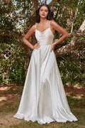 White Prom Dress with Cowl Neckline Spaghetti Straps and Flowy A Line Skirt for Formal Occasions