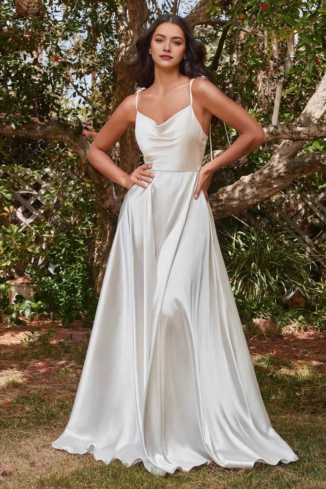 White Prom Dress with Cowl Neckline Spaghetti Straps and Flowy A Line Skirt for Formal Occasions