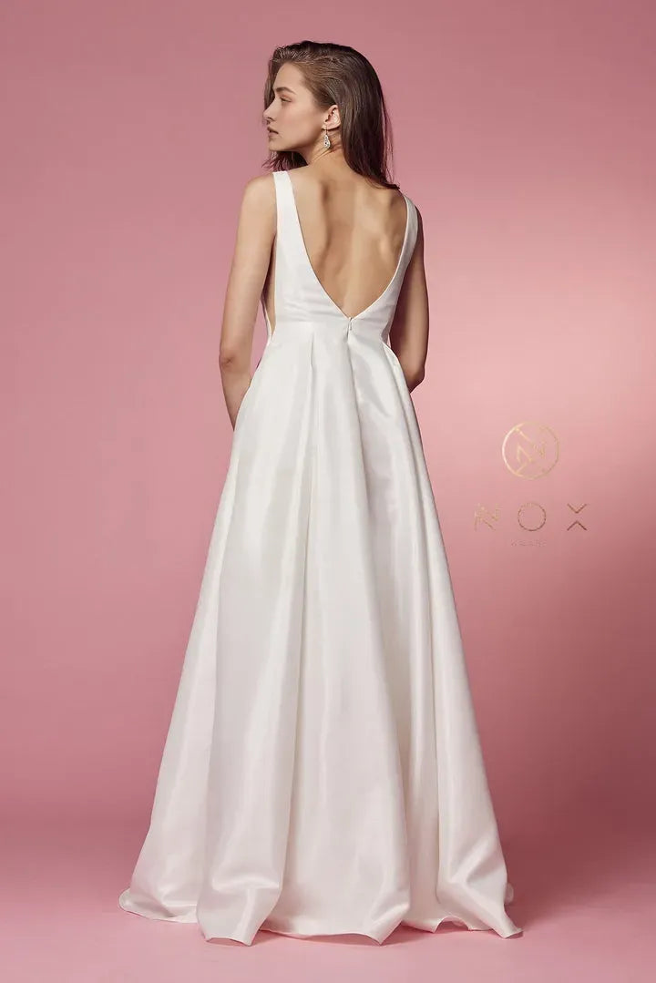 White Prom Dress with Deep V Neck Open Back and Pocket Details for Timeless Glamour