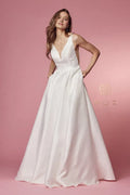 White Prom Dress with Deep V Neck Open Back and Pocket Details for Timeless Glamour