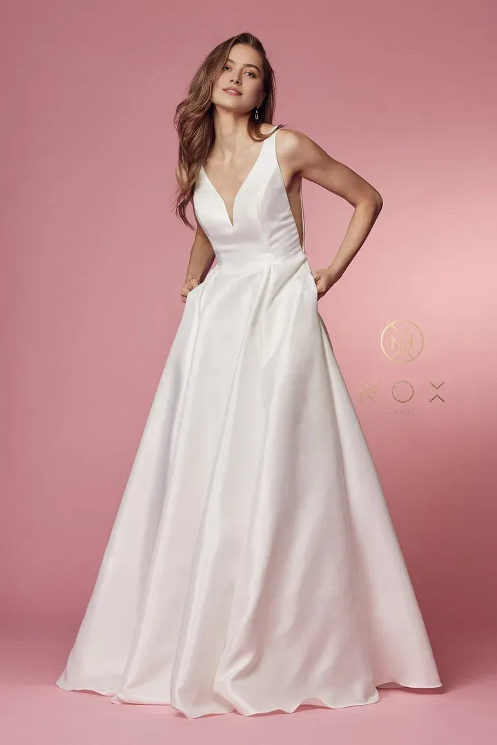 White Prom Dress with Deep V Neck Open Back and Pocket Details for Timeless Glamour