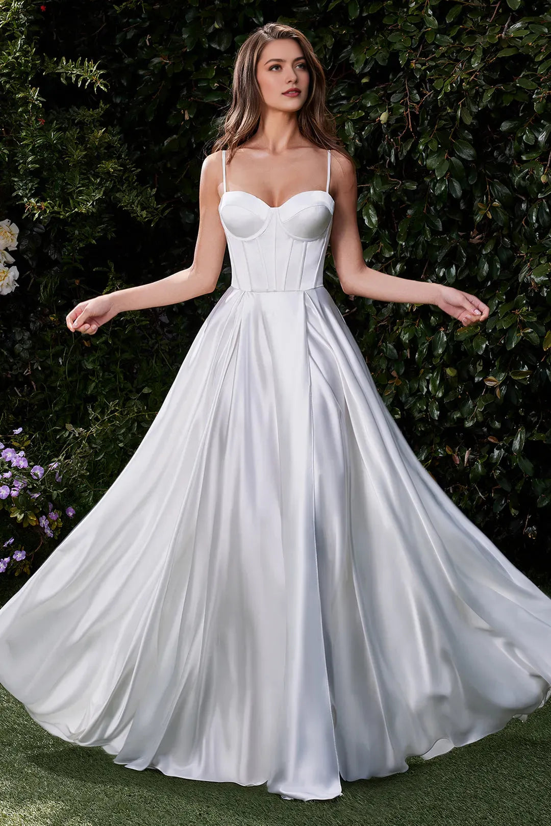 White Prom Dress with Spaghetti Straps Corset Bodice and High Side Slit for Formal Occasions