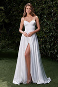White Prom Dress with Spaghetti Straps Corset Bodice and High Side Slit for Formal Occasions