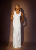 White Sheath Back Wedding Dresses Cowl Neckline Sleeveless Body Con Fit Floor Length