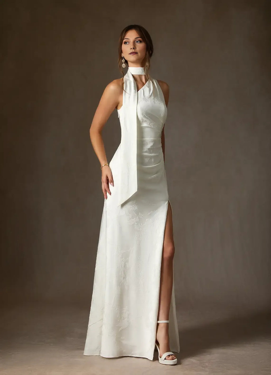 White Sheath One Shoulder Floral Jacquard Halter Neck Wedding Dress with Asymmetric Drape and High Side Slit