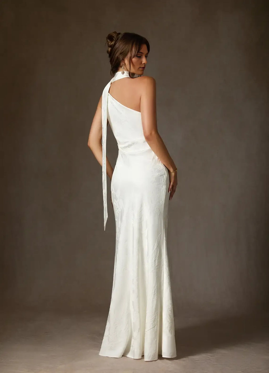 White Sheath One Shoulder Floral Jacquard Halter Neck Wedding Dress with Asymmetric Drape and High Side Slit