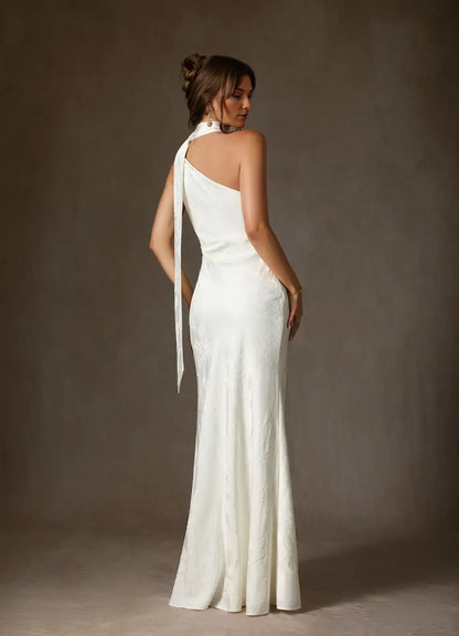 Elegant White Floral Sheath One-Shoulder Classic-Sleeve Classic-Back Floor-Length Wedding Dress
