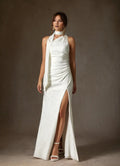 White Sheath One Shoulder Floral Jacquard Halter Neck Wedding Dress with Asymmetric Drape and High Side Slit