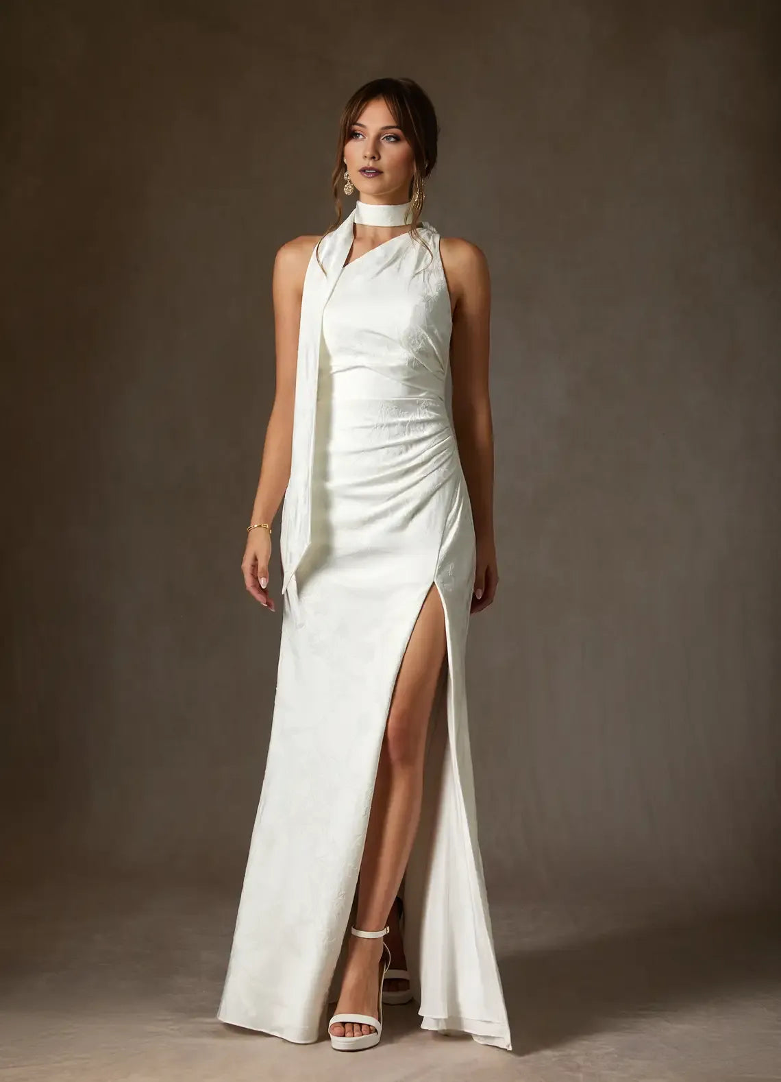 White Sheath One Shoulder Floral Jacquard Halter Neck Wedding Dress with Asymmetric Drape and High Side Slit