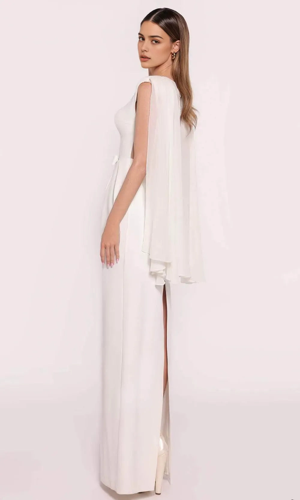 White Sleeveless Evening Gown with Bow - Accented Waist and Cape Like Shoulders for Formal Occasions
