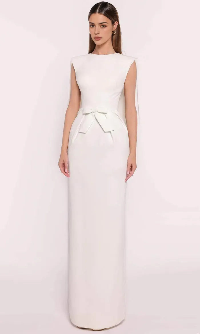 White Sleeveless Evening Gown with Bow - Accented Waist and Cape Like Shoulders for Formal Occasions