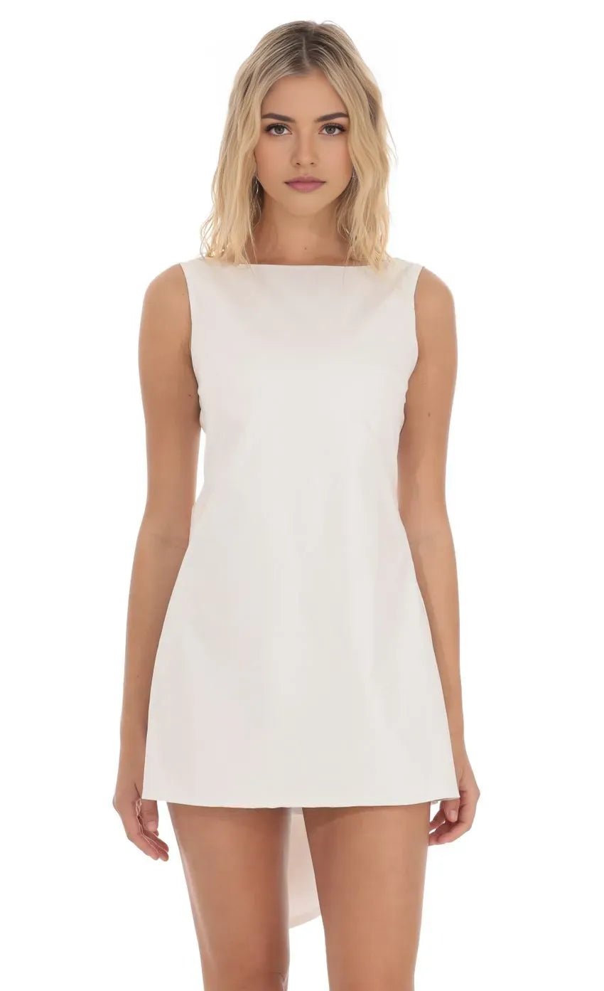 White Sleeveless Homecoming Dress with Boat Neckline Asymmetric Back Detail Perfect for School Dances