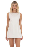 White Sleeveless Homecoming Dress with Boat Neckline Asymmetric Back Detail Perfect for School Dances