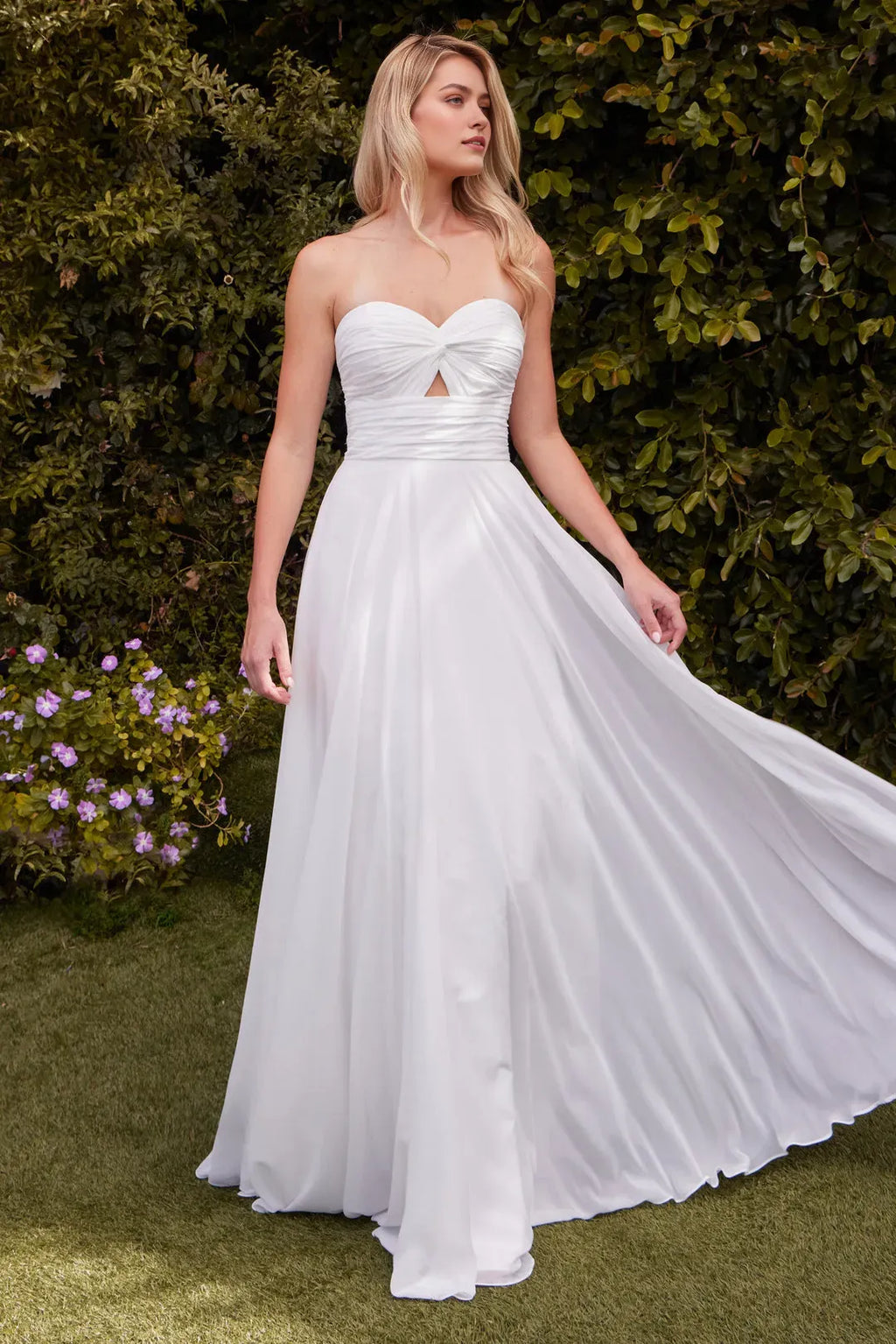 White Strapless Prom Dress with Bow Front Cutout Ruched Bodice and Flowy Skirt for Formal Occasions