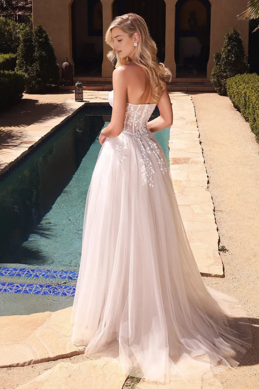 White Prom Dress with Strapless Bodice Floral Appliqués and High Side Slit for Formal Galas