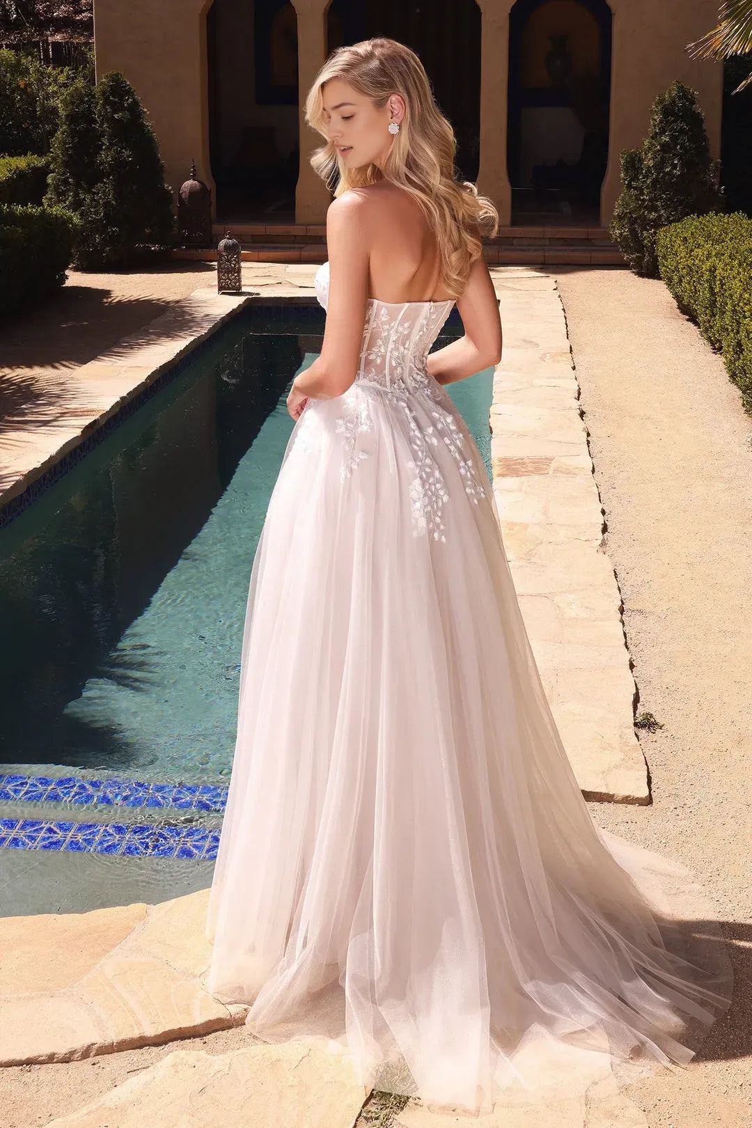 White Prom Dress with Strapless Bodice Floral Appliqués and High Side Slit for Formal Galas