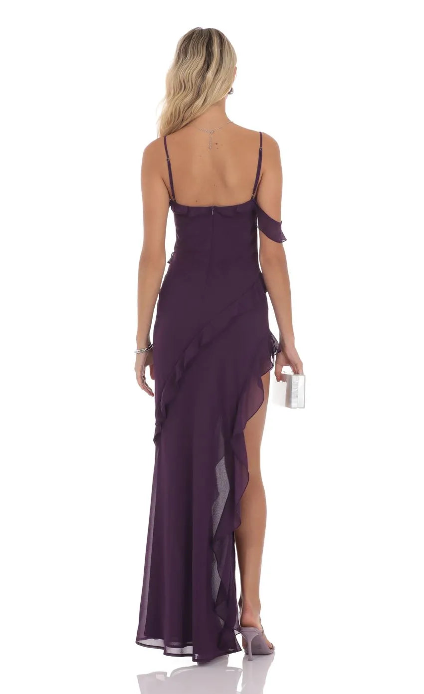 Purple Wine - Prom Dress featuring Spaghetti Straps Asymmetric Flounce and Flattering High Slit A Showstopper for Prom Galas