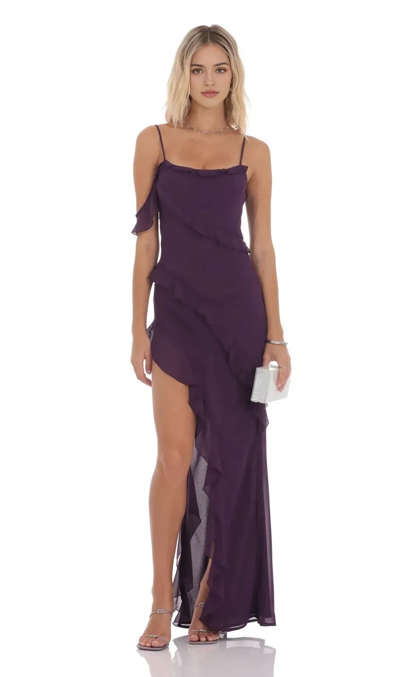 Purple Wine - Prom Dress featuring Spaghetti Straps Asymmetric Flounce and Flattering High Slit A Showstopper for Prom Galas