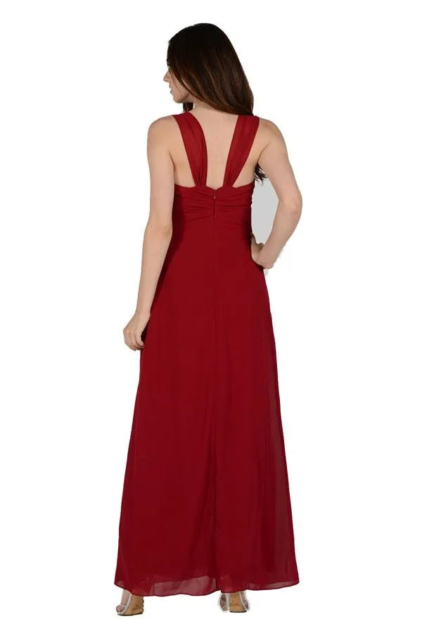 Wine - Red Prom Dress with Draped Overlay Accen and Flowy Silhouette for Formal Occasions