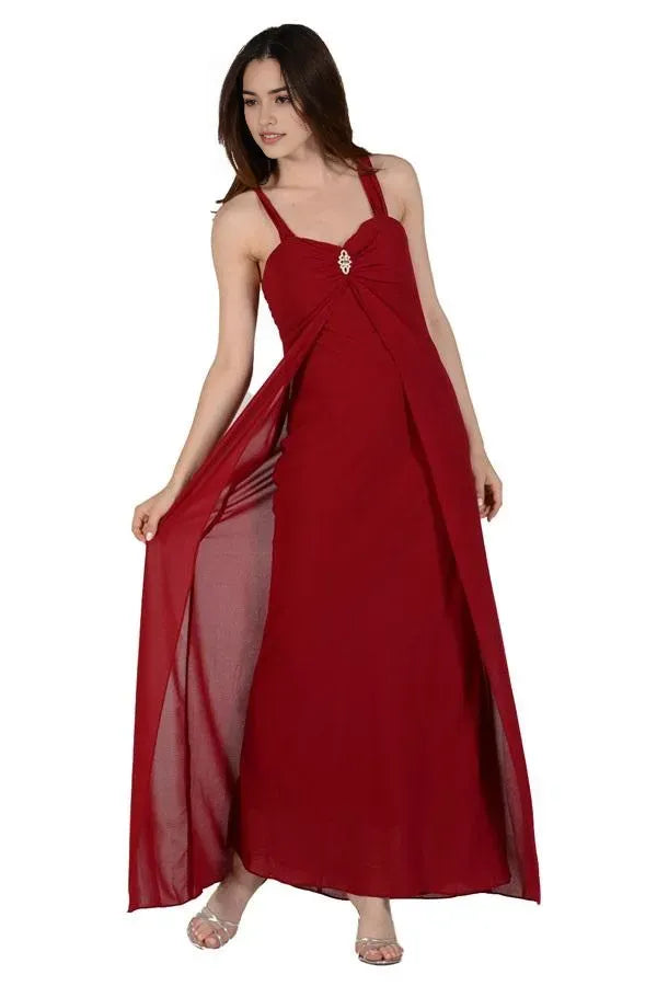 Wine - Red Prom Dress with Draped Overlay Accen and Flowy Silhouette for Formal Occasions