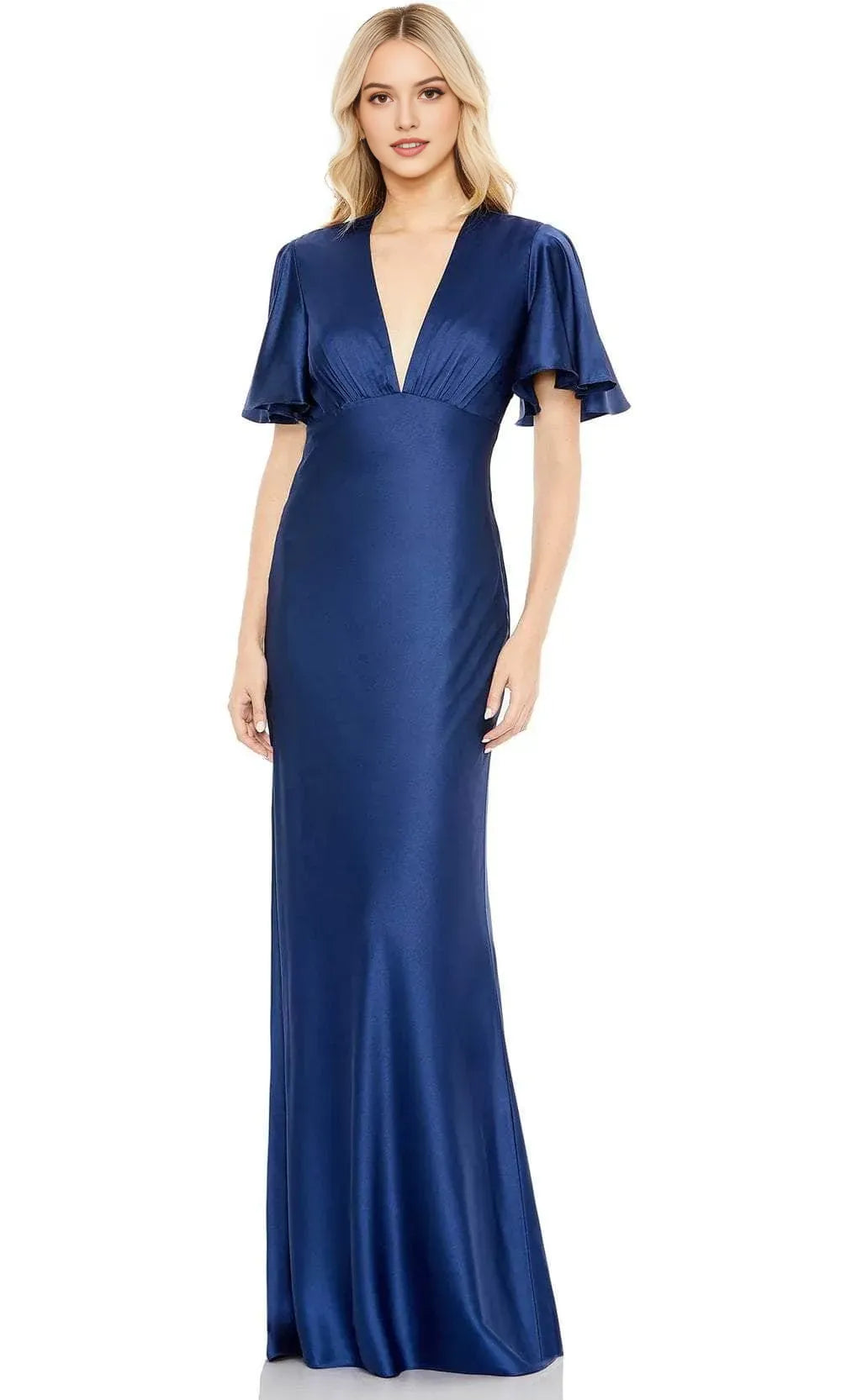 Wine - Red Evening Gown with Deep V Neckline Flutter Sleeves Ruched Bodice and Mermaid Silhouette for Formal Galas Romantic Weddings