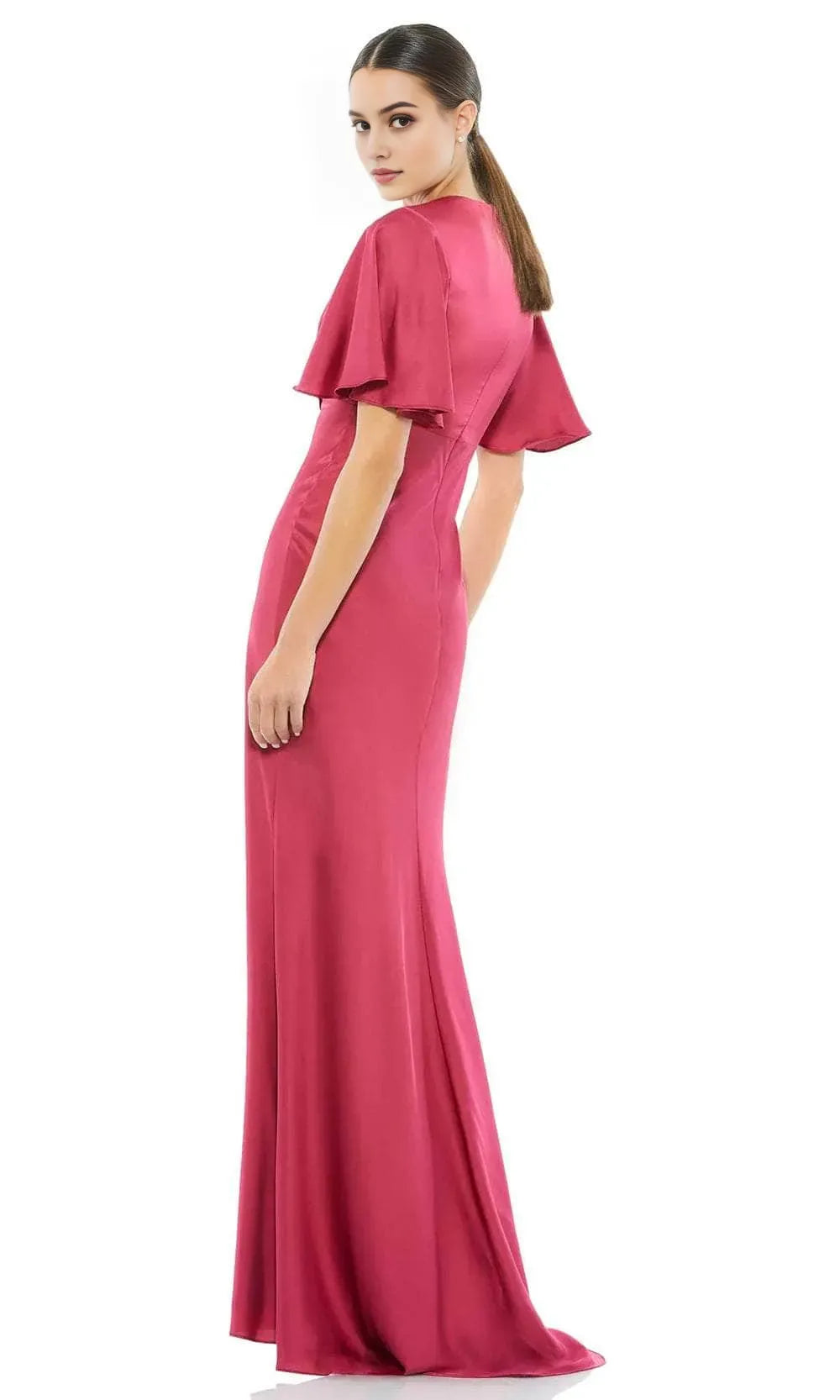 Wine - Red Evening Gown with Deep V Neckline Flutter Sleeves Ruched Bodice and Mermaid Silhouette for Formal Galas Romantic Weddings
